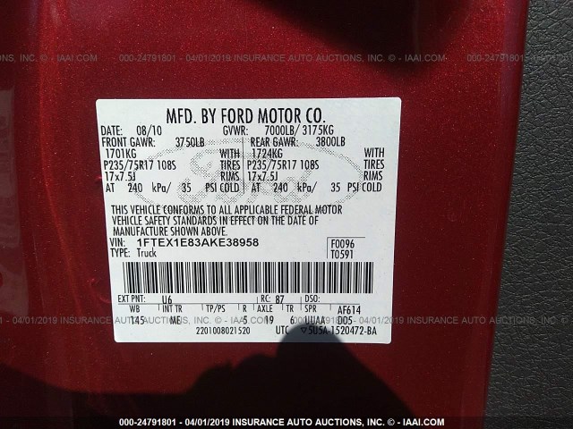 1FTEX1E83AKE38958 - 2010 FORD F150 SUPER CAB RED photo 9