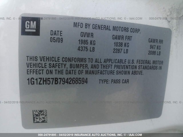 1G1ZH57B794268594 - 2009 CHEVROLET MALIBU 1LT WHITE photo 9