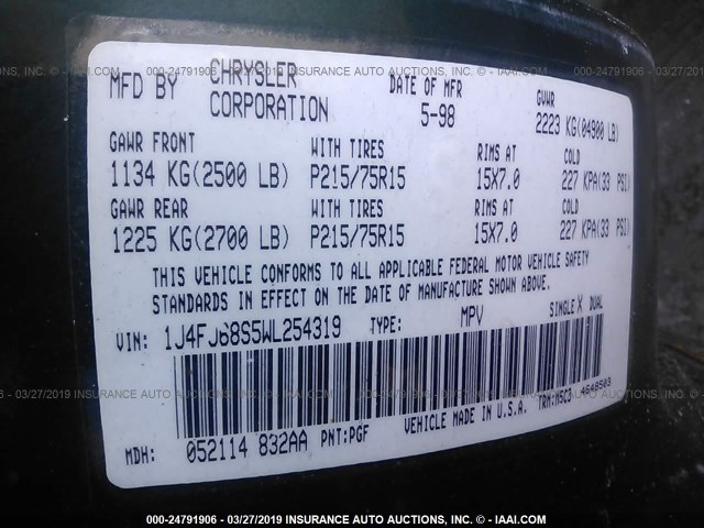 1J4FJ68S5WL254319 - 1998 JEEP CHEROKEE SPORT/CLASSIC მწვანე ფოტო 9