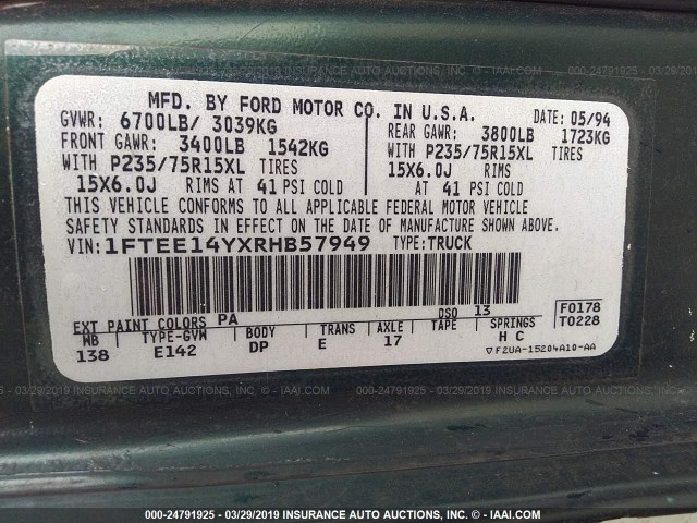 1FTEE14YXRHB57949 - 1994 FORD ECONOLINE E150 VAN GREEN photo 9