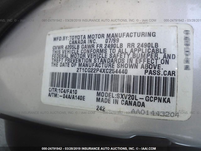 2T1CG22P4XC254440 - 1999 TOYOTA CAMRY SOLARA SE SILVER photo 9