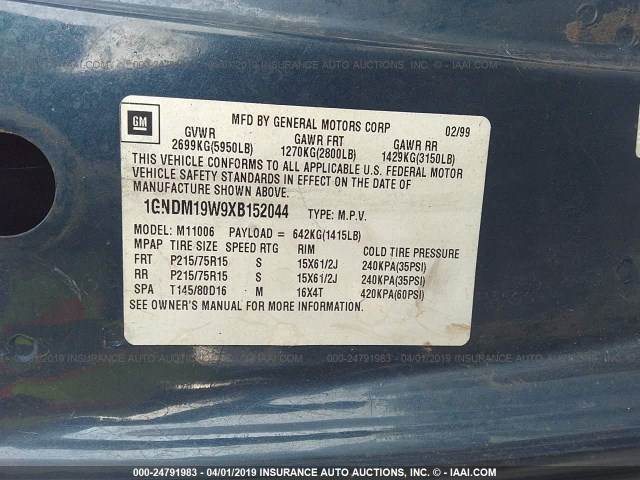 1GNDM19W9XB152044 - 1999 CHEVROLET ASTRO BLUE photo 9