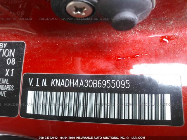 KNADH4A30B6955095 - 2011 KIA RIO LX/SX RED photo 9