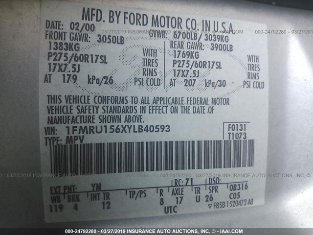 1FMRU156XYLB40593 - 2000 FORD EXPEDITION XLT GRAY photo 9