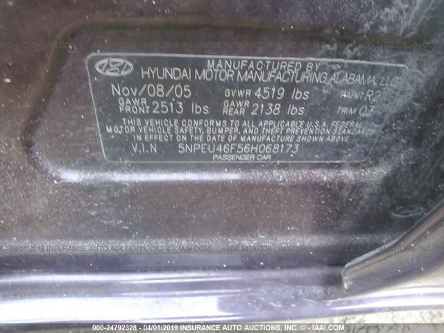 5NPEU46F56H068173 - 2006 HYUNDAI SONATA GLS/LX MAROON photo 9