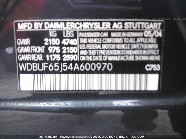 WDBUF65J54A600970 - 2004 MERCEDES-BENZ E 320 BLACK photo 9