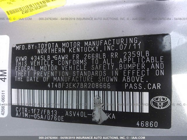 4T4BF3EK7BR208666 - 2011 TOYOTA CAMRY SE/LE/XLE SILVER photo 9
