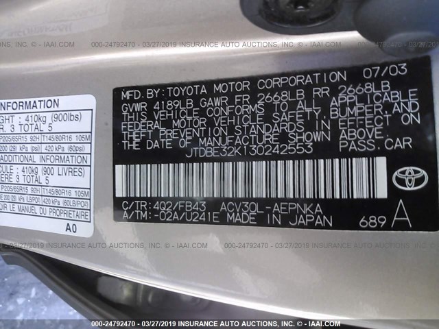 JTDBE32K130242553 - 2003 TOYOTA CAMRY LE/XLE Қоңыр фото 9