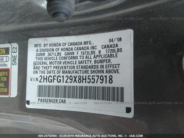 2HGFG129X8H557918 - 2008 HONDA CIVIC EXL GRAY photo 9