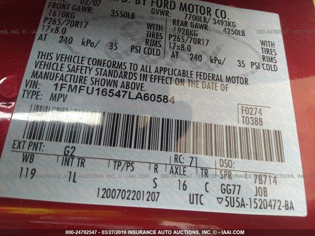 1FMFU16547LA60584 - 2007 FORD EXPEDITION XLT RED photo 9
