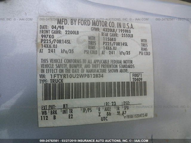 1FTYR10U2WPB12834 - 1998 FORD RANGER BLUE photo 9