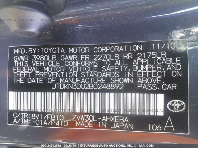 JTDKN3DU2B0248892 - 2011 TOYOTA PRIUS GRAY photo 9