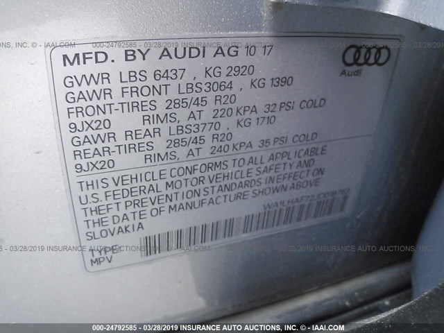 WA1LHAF72JD018763 - 2018 AUDI Q7 PREMIUM PLUS SILVER photo 9