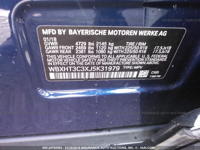 WBXHT3C3XJ5K31979 - 2018 BMW X1 XDRIVE28I BLUE photo 9