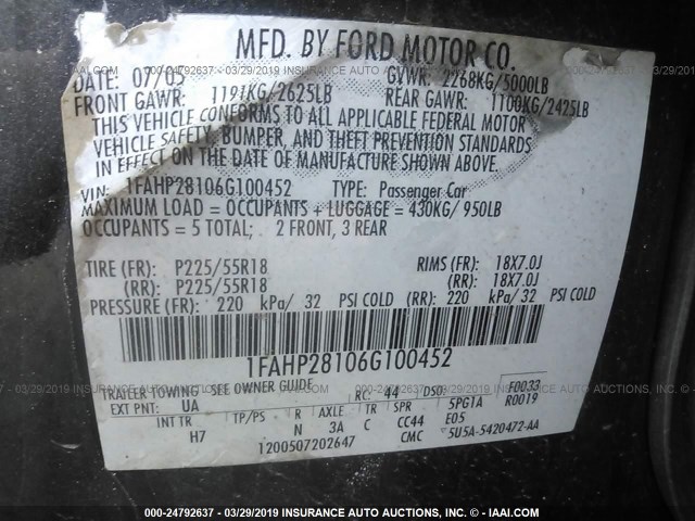 1FAHP28106G100452 - 2006 FORD FIVE HUNDRED LIMITED BLACK photo 9