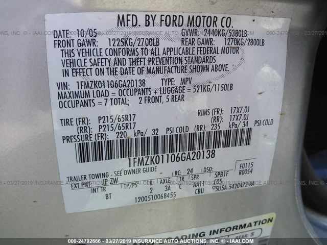 1FMZK01106GA20138 - 2006 FORD FREESTYLE SE SILVER photo 9