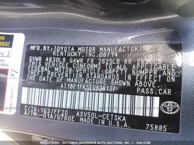 4T1BF1FK5EU838137 - 2014 TOYOTA CAMRY L/SE/LE/XLE 灰色 照片 9