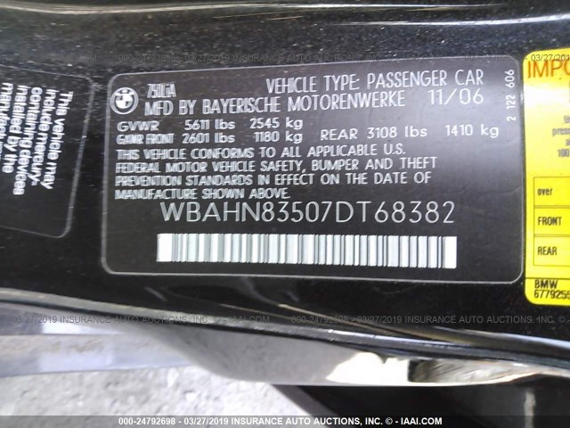 WBAHN83507DT68382 - 2007 BMW 750 BLACK photo 9