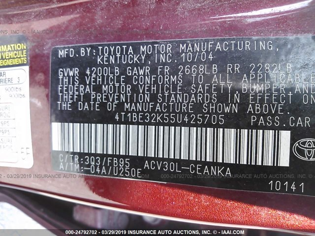 4T1BE32K55U425705 - 2005 TOYOTA CAMRY LE/XLE/SE RED photo 9