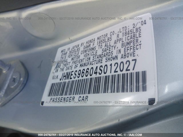 JHMES96604S012027 - 2004 HONDA CIVIC HYBRID BLUE photo 9