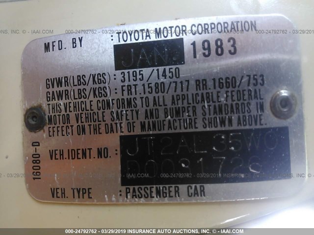 JT2AL35W0D0031726 - 1983 TOYOTA TERCEL SR5 TAN photo 9