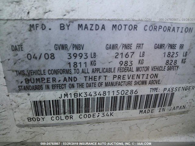 JM1BK343481150286 - 2008 MAZDA 3 HATCHBACK WHITE photo 9