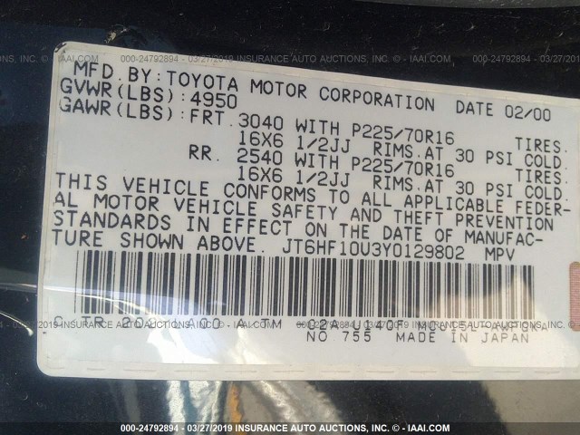 JT6HF10U3Y0129802 - 2000 LEXUS RX 300 BLACK photo 9