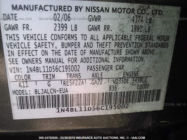 1N4BL11D56C195002 - 2006 NISSAN ALTIMA SE/SL/SE-R GRAY photo 9