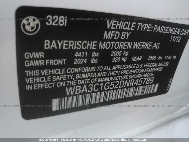 WBA3C1G52DNR45789 - 2013 BMW 328 I SULEV WHITE photo 9