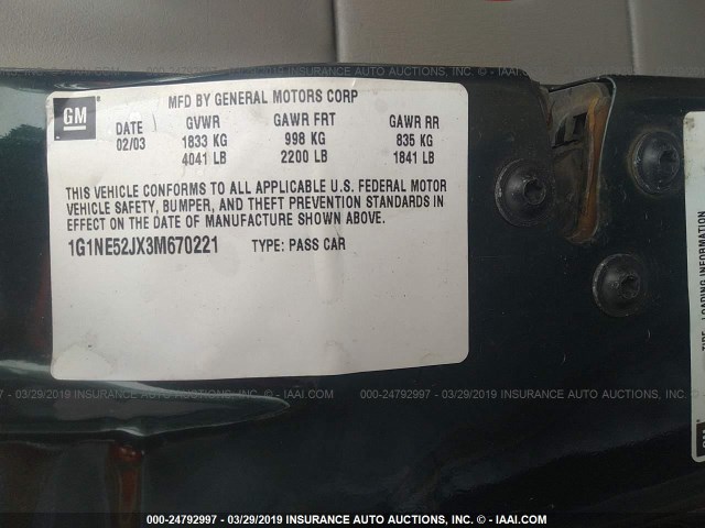 1G1NE52JX3M670221 - 2003 CHEVROLET MALIBU LS GREEN photo 9