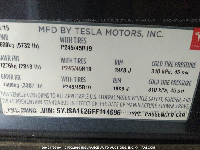 5YJSA1E26FF114696 - 2015 TESLA MODEL S ნაცრისფერი ფოტო 9