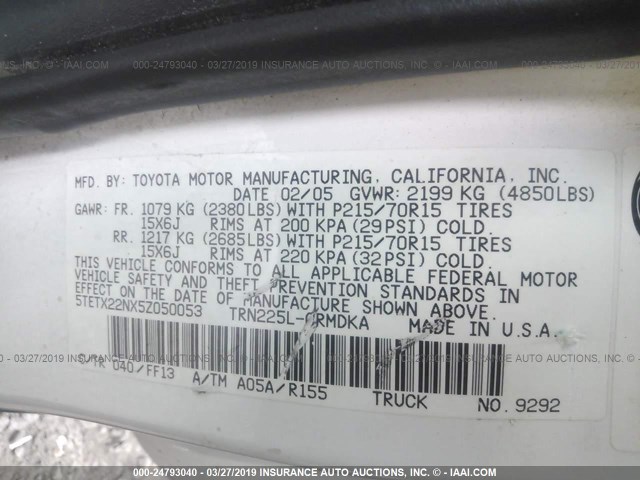 5TETX22NX5Z050053 - 2005 TOYOTA TACOMA ACCESS CAB თეთრი ფოტო 9