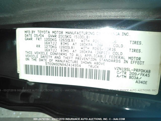 5TEGN92N84Z414954 - 2004 TOYOTA TACOMA DOUBLE CAB PRERUNNER BLACK photo 9