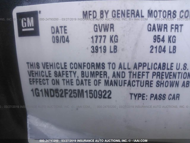 1G1ND52F25M150922 - 2005 CHEVROLET CLASSIC GRAY photo 9