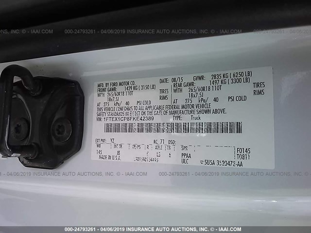 1FTEX1CP8FKE42389 - 2015 FORD F150 SUPER CAB WHITE photo 9