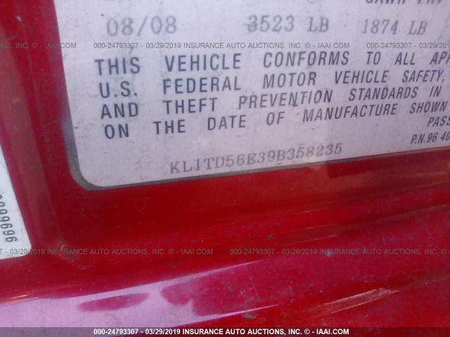 KL1TD56E39B358235 - 2009 CHEVROLET AVEO LS/LT RED photo 9