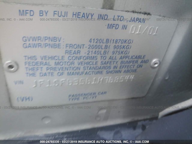 JF1SF63561H768544 - 2001 SUBARU FORESTER L SILVER photo 9