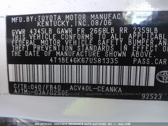 4T1BE46K67U581335 - 2007 TOYOTA CAMRY NEW GENERAT CE/LE/XLE/SE WHITE photo 9