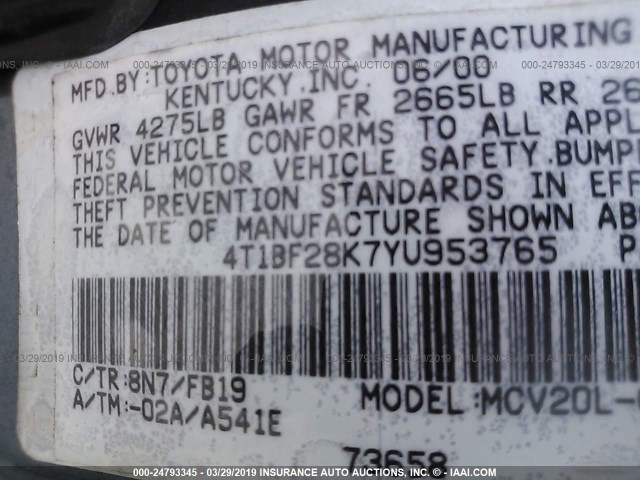 4T1BF28K7YU953765 - 2000 TOYOTA CAMRY LE/XLE 蓝色 照片 9