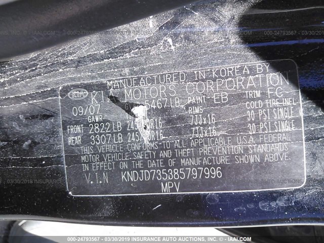 KNDJD735385797996 - 2008 KIA SORENTO EX/LX BLACK photo 9