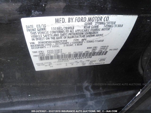 2FMGK5DCXABB29398 - 2010 FORD FLEX LIMITED BLACK photo 9