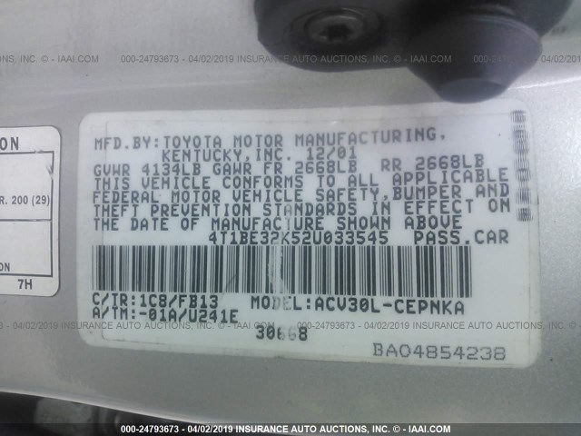 4T1BE32K52U033545 - 2002 TOYOTA CAMRY LE/XLE/SE SILVER photo 9