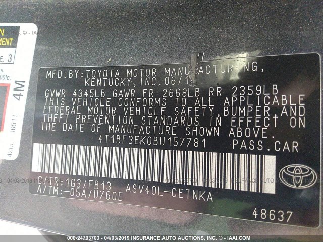 4T1BF3EK0BU157781 - 2011 TOYOTA CAMRY SE/LE/XLE GRAY photo 9