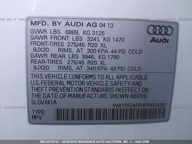 WA1DGAFE0DD014351 - 2013 AUDI Q7 PRESTIGE WHITE photo 9