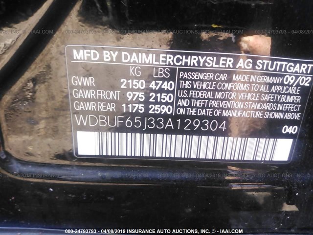 WDBUF65J33A129304 - 2003 MERCEDES-BENZ E 320 BLACK photo 9