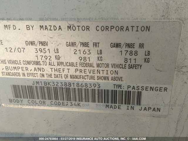 JM1BK323881868393 - 2008 MAZDA 3 S WHITE photo 9