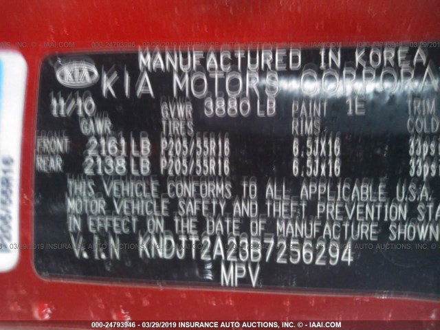 KNDJT2A23B7256294 - 2011 KIA SOUL +/!/SPORT RED photo 9