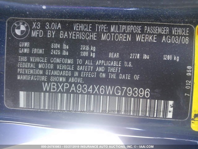 WBXPA934X6WG79396 - 2006 BMW X3 3.0I BLUE photo 9