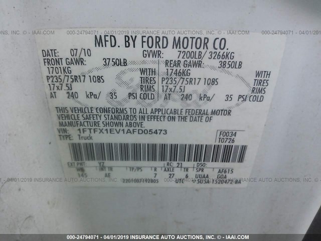 1FTFX1EV1AFD05473 - 2010 FORD F150 SUPER CAB WHITE photo 9