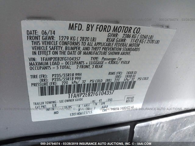 1FAHP2E82FG104357 - 2015 FORD TAURUS SEL SILVER photo 9